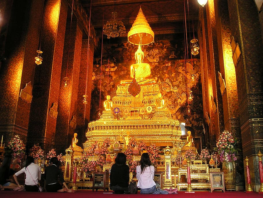 four, people, front, buddha altar, thailand, bangkok, temple, shrine, gold, altar