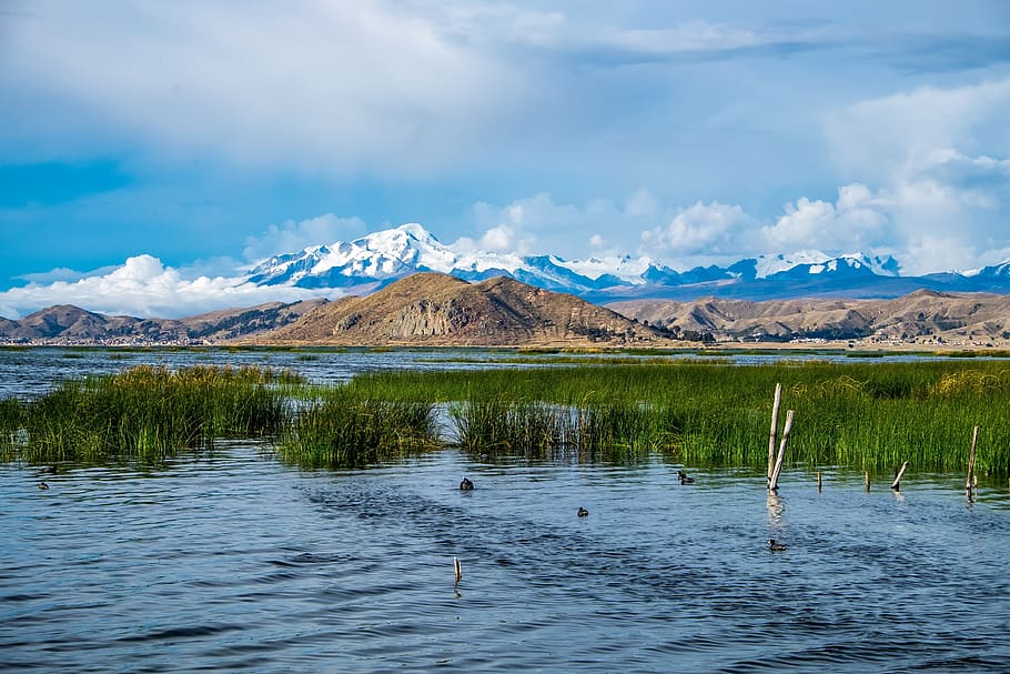 mountain, cloudy, blue, sky, lake titicaca, bolivia, clouds, water, cloud - sky, scenics - nature