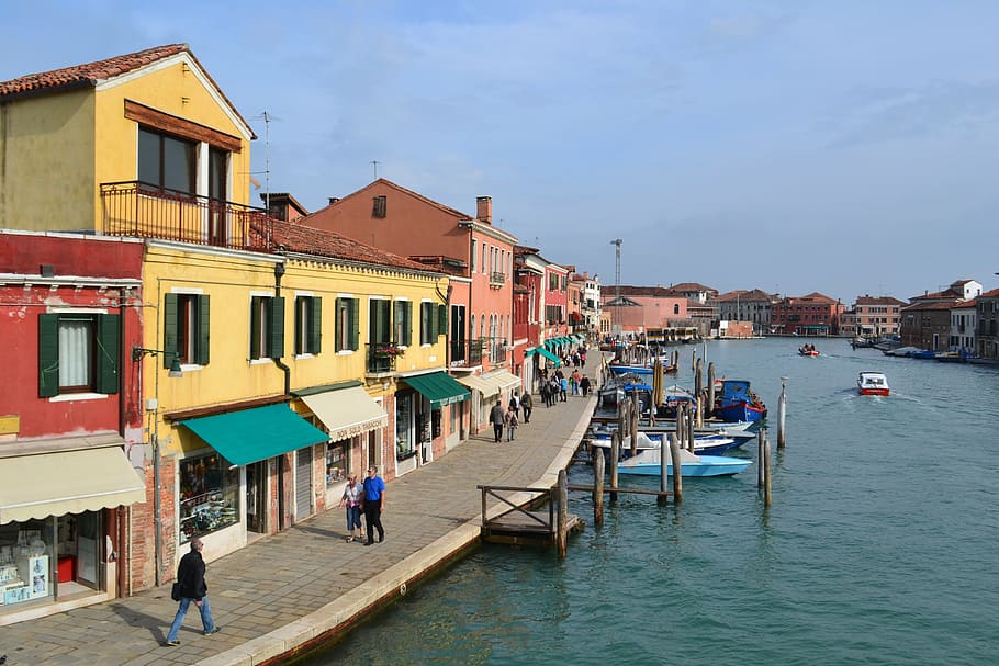 venecia, isla de murano, italia, murano, barco, botes, muelle, pilares, puerto, canal