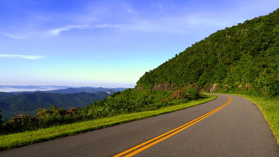 rural, road, highway, pavement, coast, mountains, hills, green, grass, trees