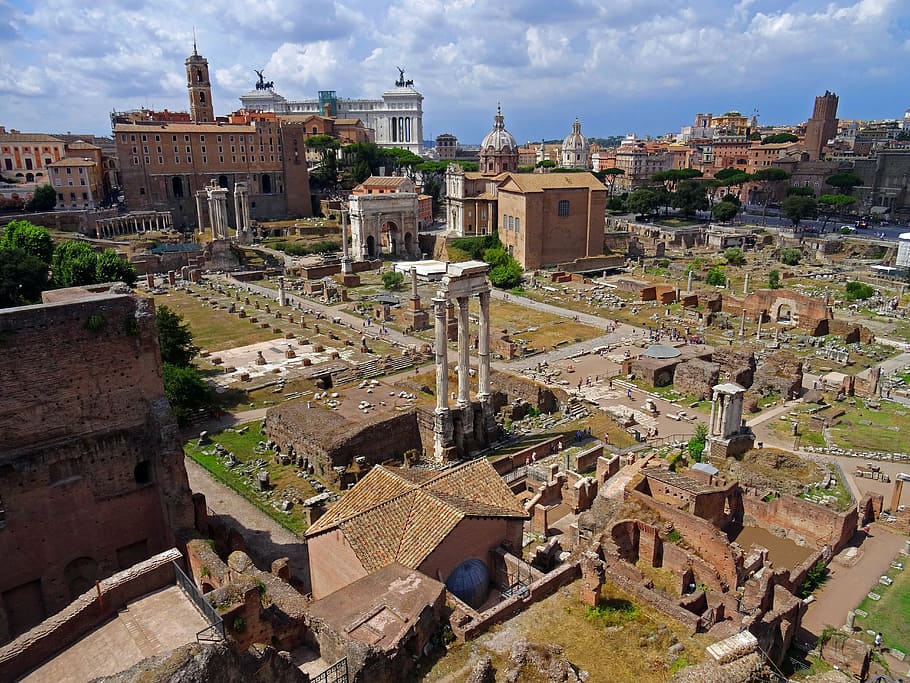 aerial, city ruins, rome, italy, antique, roman forum, ancient architecture, city, heritage, monument