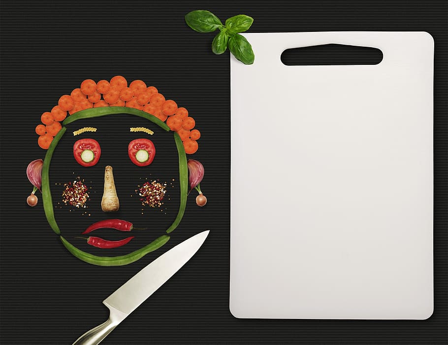 face-shaped, sliced, vegetables, white, chopping, board, kitchen knife, menu, knife, face