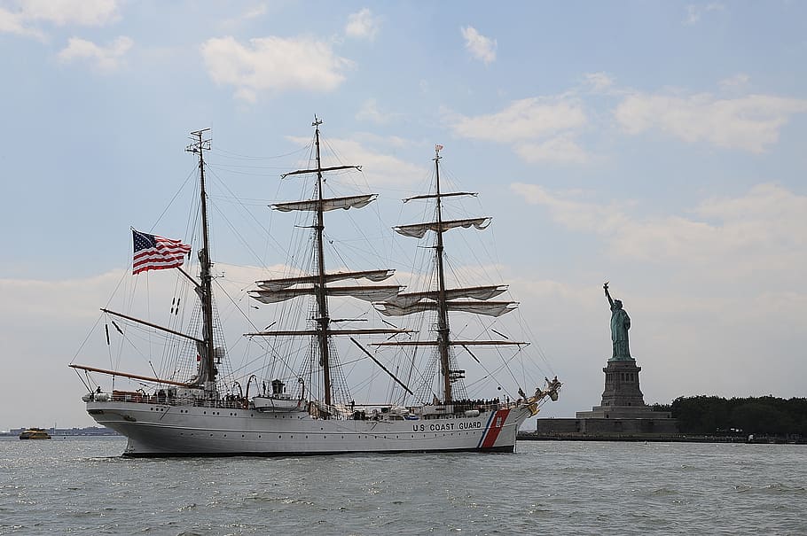 ship, cutter, three masted, barque, full sail, statue of liberty, new york city, water, harbor, coast guard