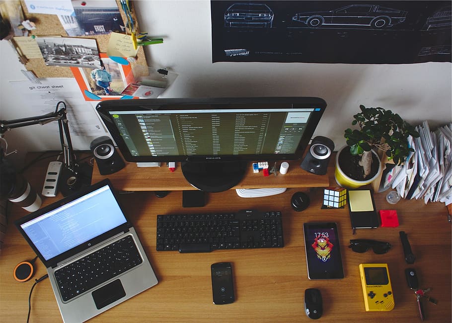 black, flat, screen computer, monitor, switch, desk, office, room, laptop, hp