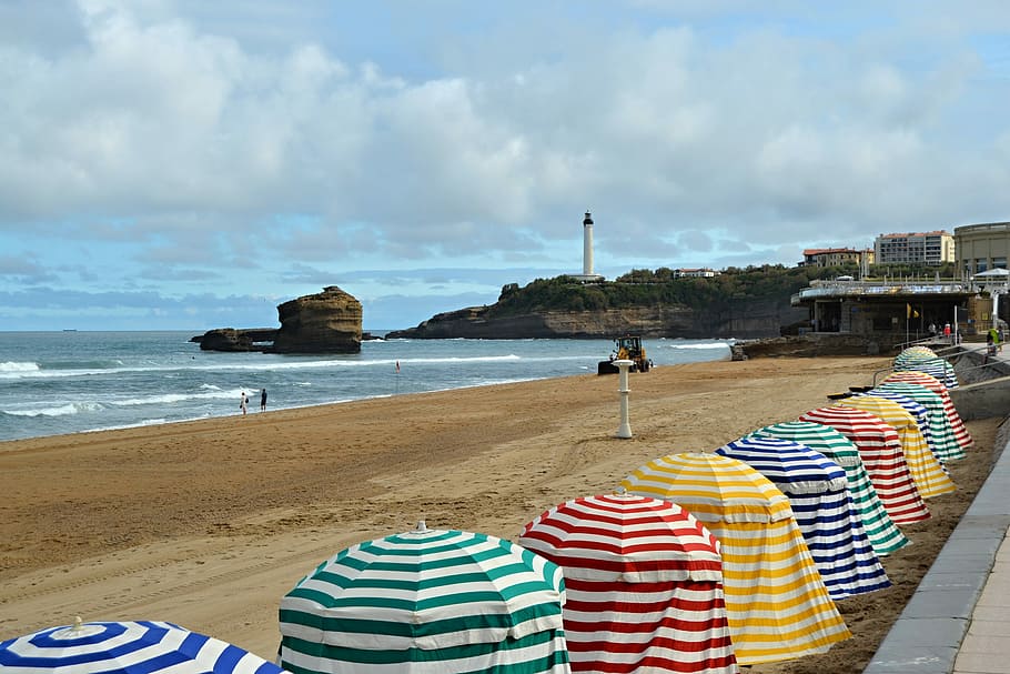 biarritz, frança, praia, paisagem, costela, mar, oceano, costa francesa, estandes camisetas, de praia