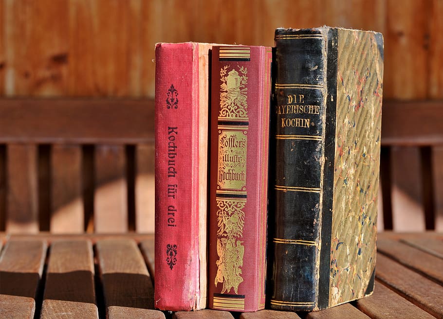books, old books, old cooking books, cooking books, book stack, old german scripture, antiquarian, historically, old, spine