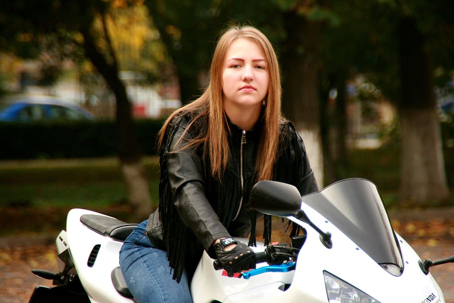 woman, riding, white, sports bike, girl, motorcycle, leather jacket, ride, biker, blonde