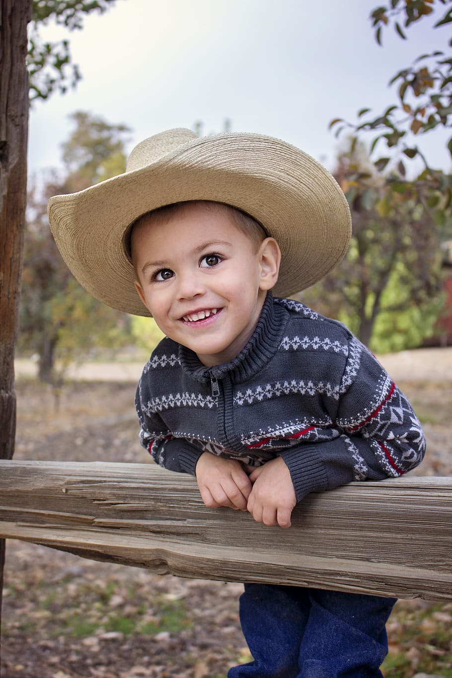 menino, vestindo, marrom, chapéu de cowboy, vaqueiro, chapéu, criança, diversão, pessoas, bonitinho