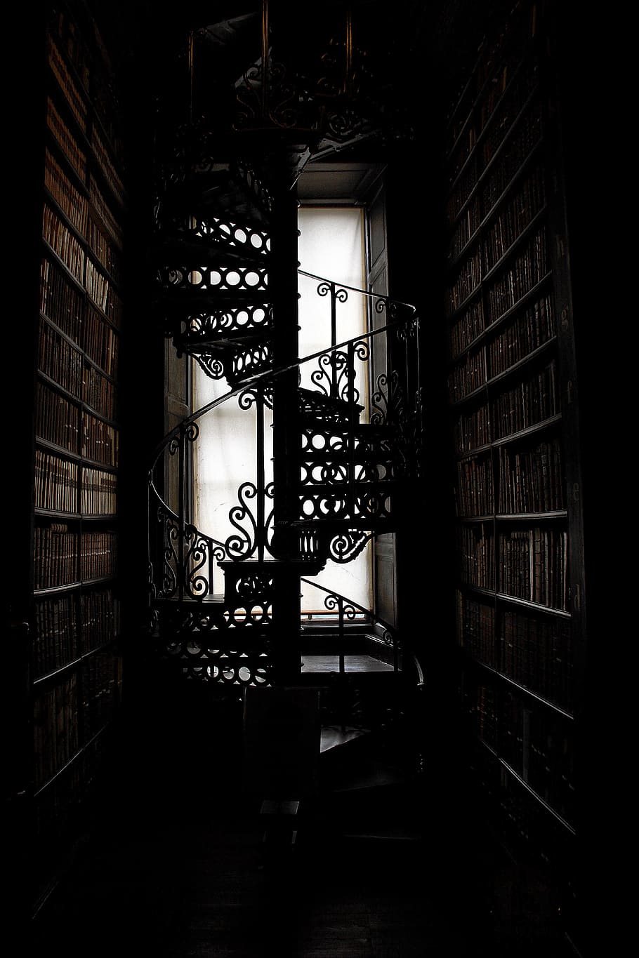 black, steel spiral staircase, black steel, spiral staircase, stairs, trinity college, library, book, books, education