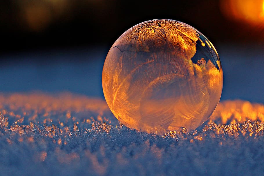 fotografia macro, bola de vidro, bolha de sabão, luz da noite, bolha de geada, eiskristalle, pôr do sol, geada, neve, inverno
