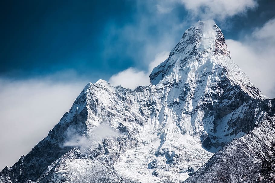 montanha coberta de neve, azul, céu, ama dablam, himalaia, montanha, pico, nepal, cimeira, acampamento