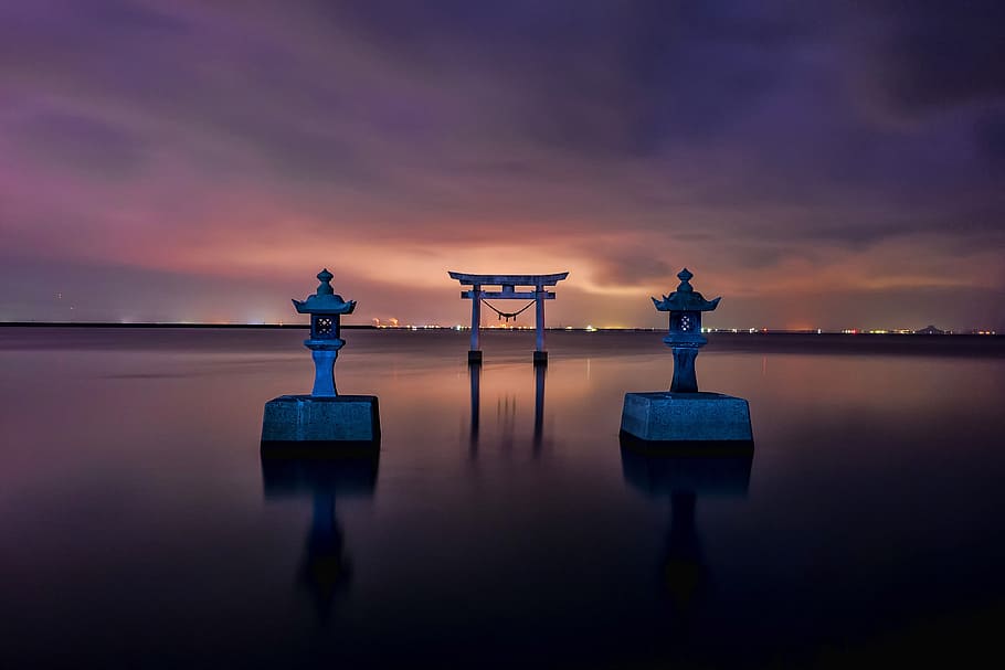 gray, concrete, gateway, body, water, japan, shrine, torii, sea, kumamoto