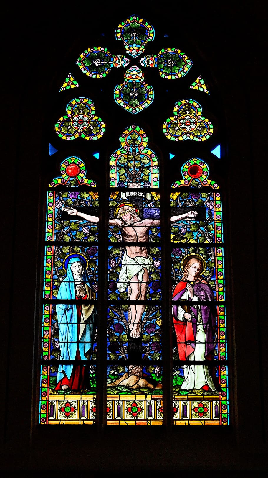 church window, crucifixion, stained glass window, faith, church, christian, inri, jesus, bible, human representation