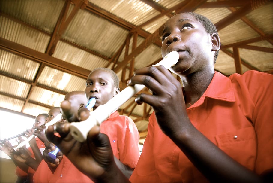 boys playing flutes, flutes, music, sound, pipes, africa, african, play, entertainment, audio