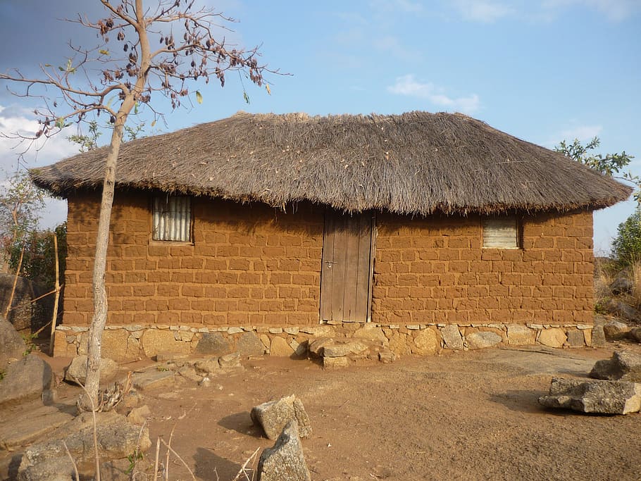 Rumah, gubuk, bata, tanah liat, atap jerami, mwanza, tanzania, afrika, struktur dibangun, eksterior bangunan