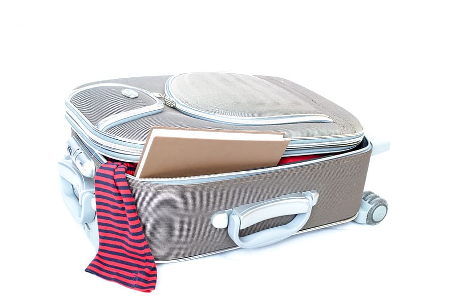 opened, gray, white, softside luggage, travel, traveler, pack, open, book, object