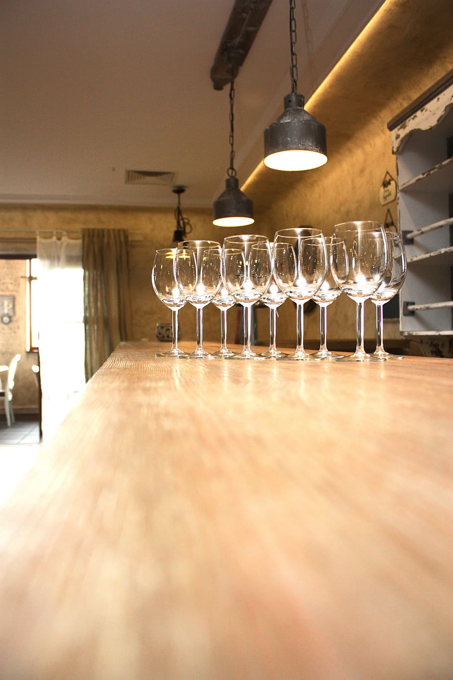 clear, wineglasses, brown, wooden, table, bar, architecture, balat wooden, pub, wine glasses