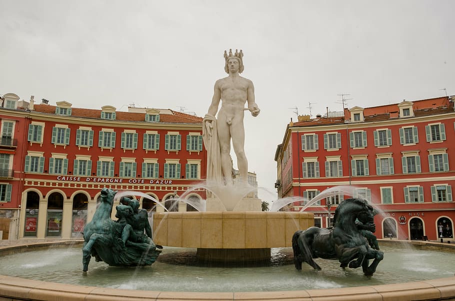 nice, space, metropolis, southern france, city, france, statue, places of interest, place masséna, fountain