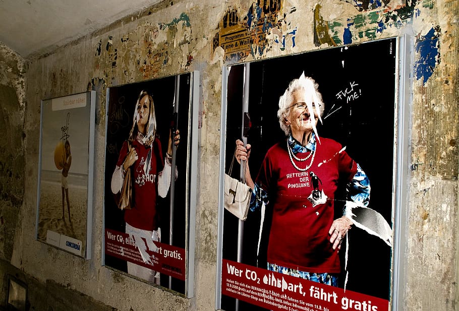 women, posters, hanging, wall, poster, vandalism, vintage, old, degenerated, damaged