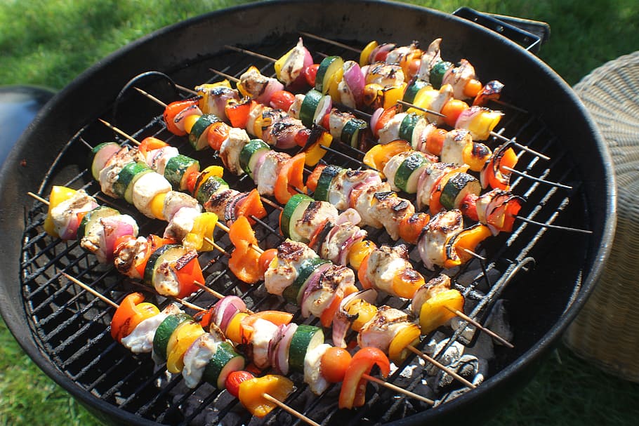 barbecue with vegetables, skewers, meat, beef, grill, meal, cooking, grilled, grilling, food