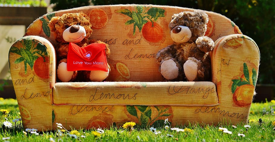 two, brown, bears, plush, toys, sitting, sofa, teddy, mother's day, love