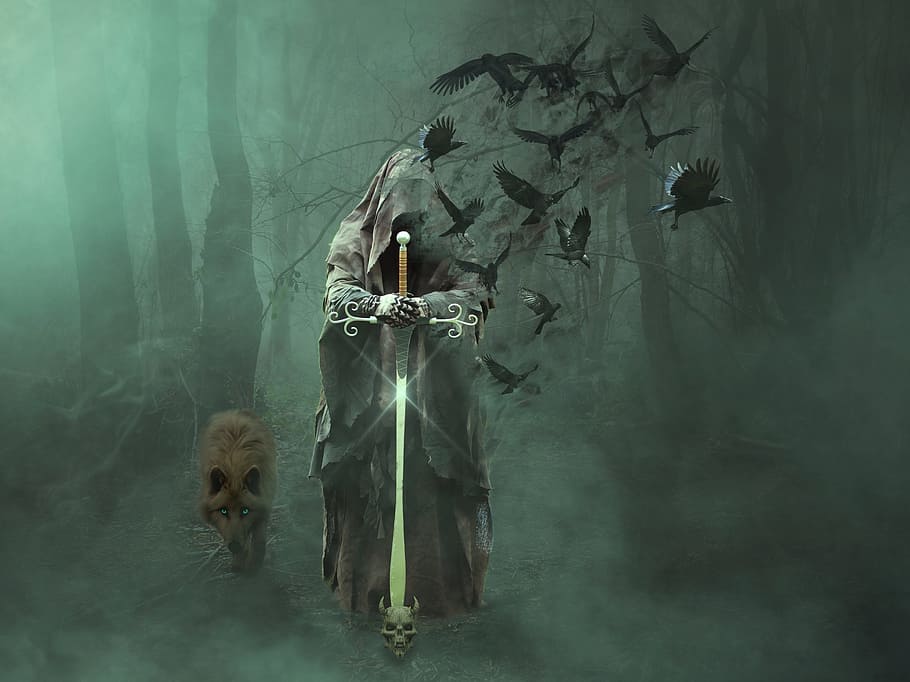 man, holding, sword game wallpaper, magician, forest, wolf, fantasy, mood, mystical, magic