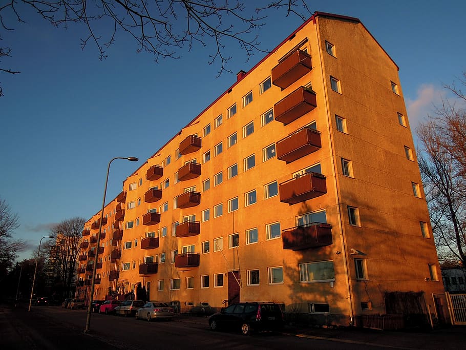 helsinki, block of flats, merikannontie, evening sun, architecture, sky, built structure, building exterior, city, mode of transportation