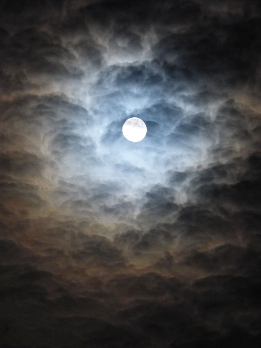 cloudy, night sky, showing, full, moon, blurry, clouds, blue, bright yellow, ghostly