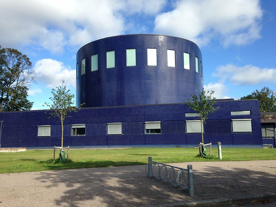 gävle, concert hall, blue, tile, architecture, grass, cloud, sky, building exterior, built structure
