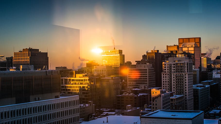 high-rise building, city, buildings, cityscape, urban, montreal, reflection, light, sunset, architecture