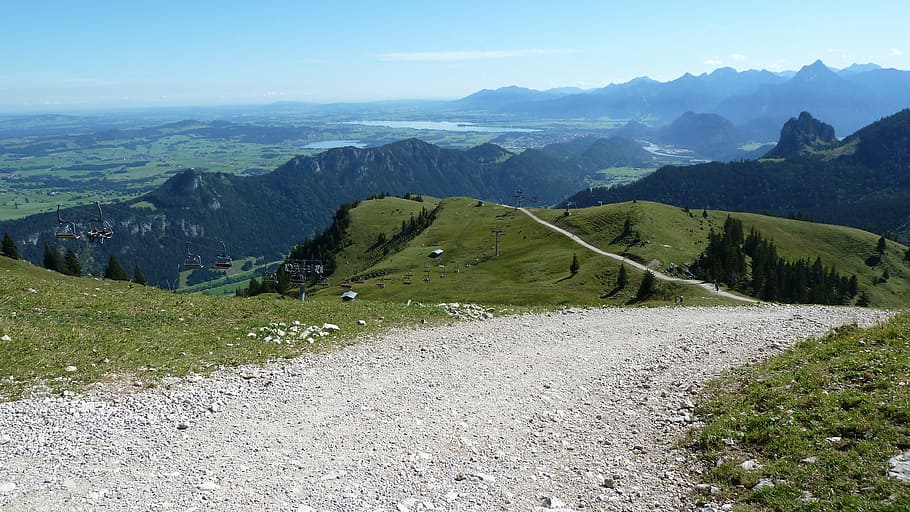 camino de tierra gris, allgäu, breitenberg, lago forggensee, füssen, estribaciones de la montaña, naturaleza, verano, paisaje, al aire libre