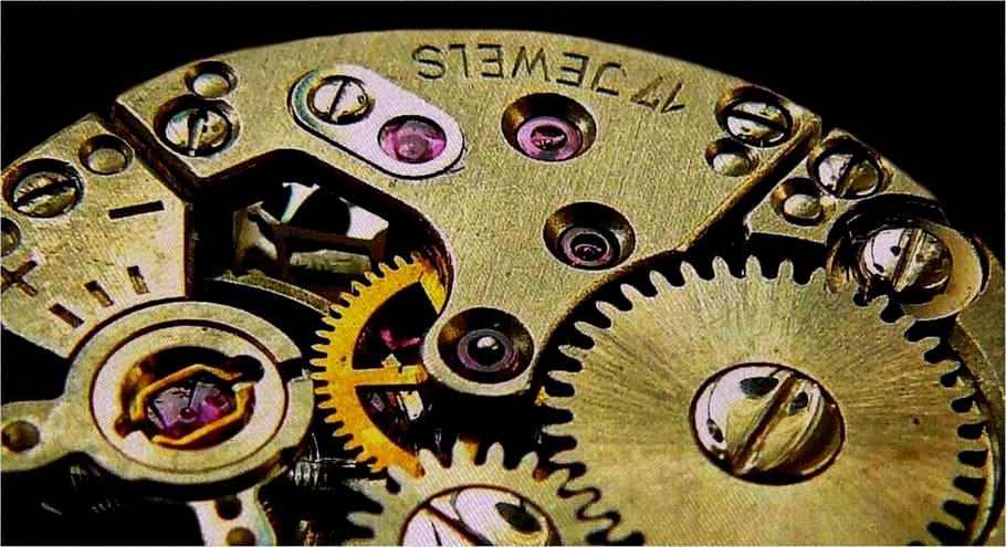 brass-colored clockwork, clock, movement, gears, gear, transmission, wheels, into each other, dynamics, time