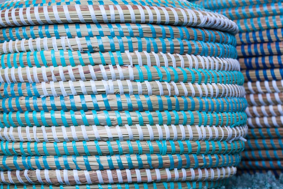 blue, white, woven, textile, basket, raffia basket, turquoise, structure, container, bast
