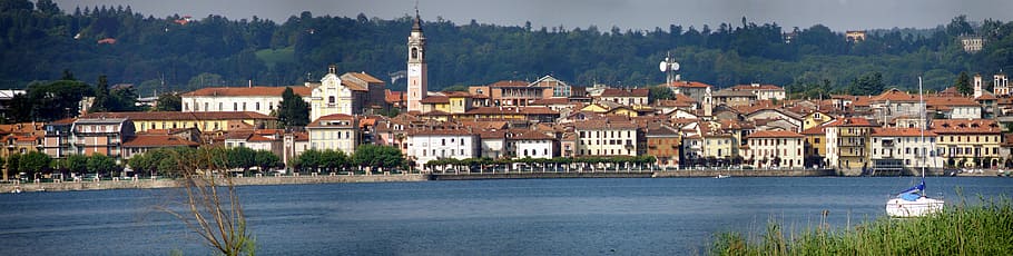 arona, panorama, italy, lake maggiore, town, municipality, water, view, architecture, building exterior
