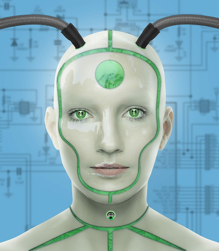 Ilustración de carácter humano, cyborg, mujer, futurista, ciber, tecnología, artificial, ciencia ficción, virtual, robot