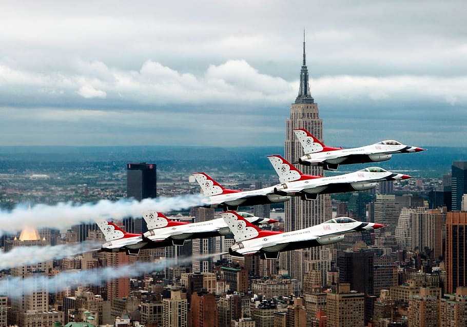 six, white, jet fighter, performing, stance, air, fighter jets, new york, ny, nyc