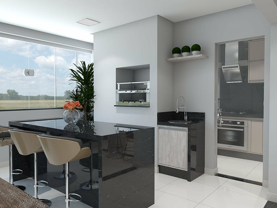 gray, painted, wall, sink, balcony, kitchen, 3d, render, moveis planejados, domestic kitchen