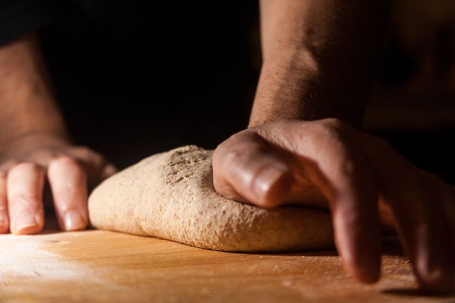 flour, dough, knead, kitchen, food, hand, hands, wheat, baker, preparation