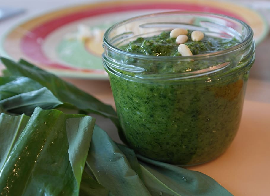 processed, vegetable, jar, Bear'S Garlic, Pesto, Pine Nuts, Oil, garlic leaves, young leaves, frisch