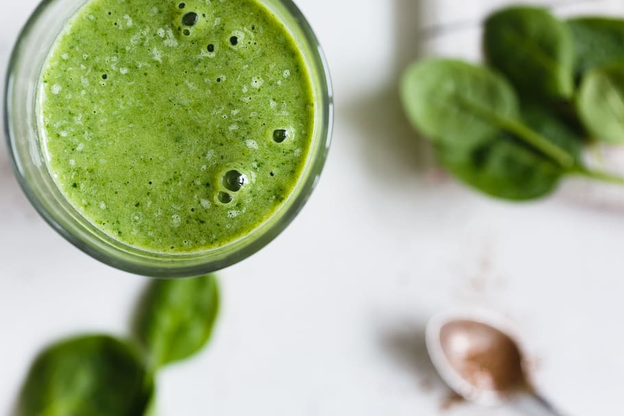 spinach juice, clear, glass, gray, spoon, top view, closeup, vegetarianism, healthy eating, vegetables