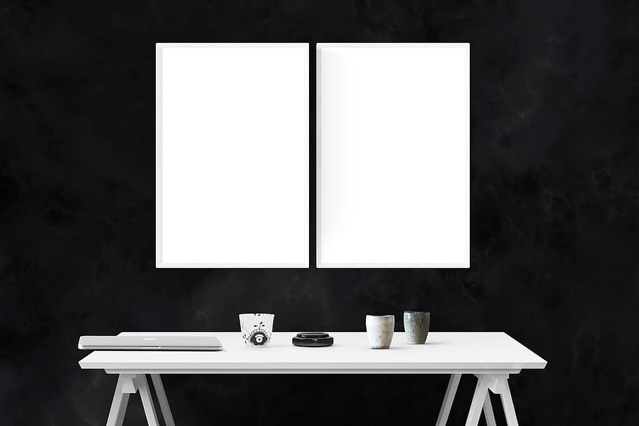 two, white, boards, wooden, table, mockup, wall, poster, mock, frame