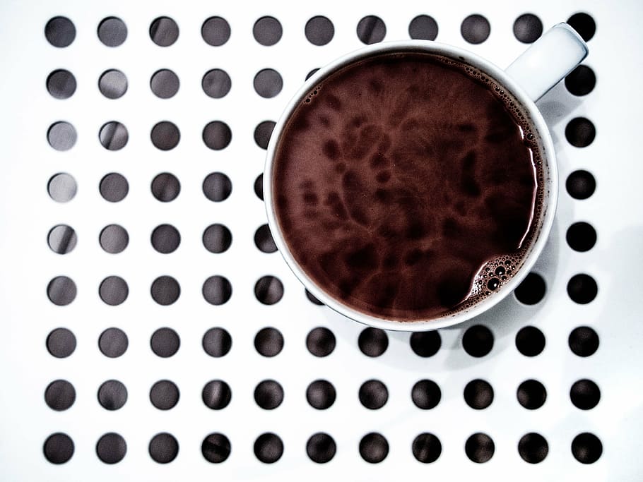 white, ceramic, mug, brown, liquid, cup, chocolate, coffee, circles, drink