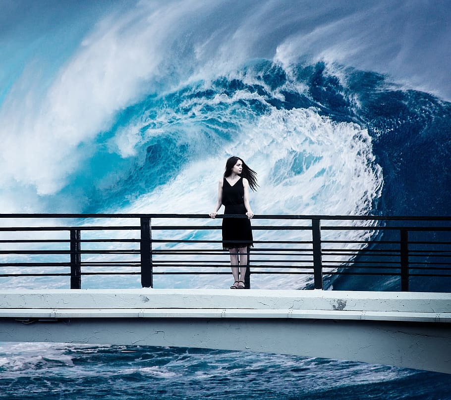 black, haired woman, bridge painting, sea, ocean, waters, wave, nature, surf, coast