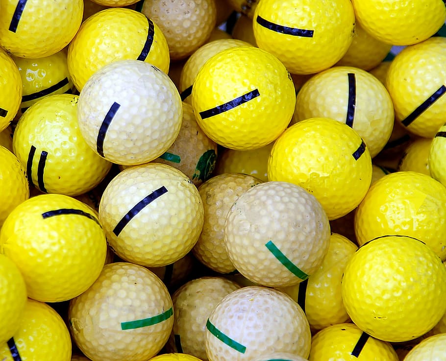pelotas de golf, práctica, pelotas, amarillo, golf, campo de prácticas, curso, deporte, hierba, club