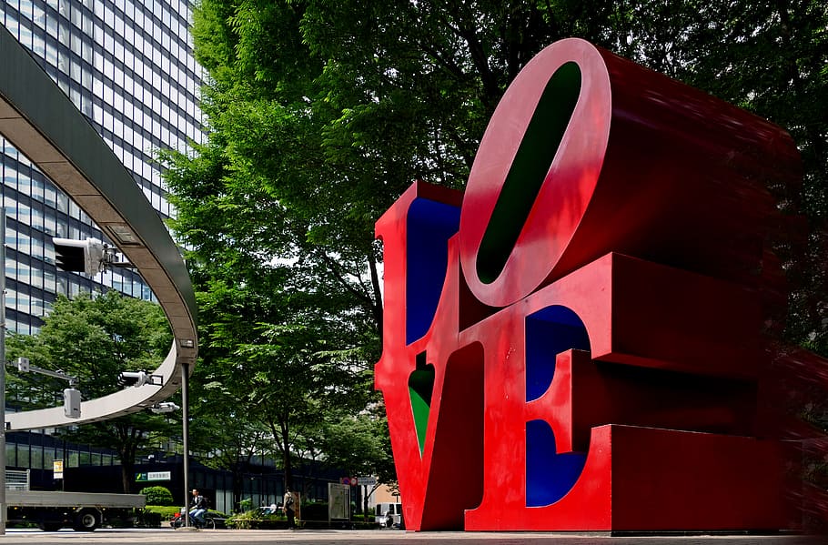 LOVE sculpture, Shinjuku, Love, decor, architecture, built structure, tree, red, city, sign