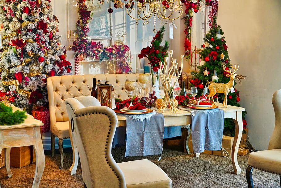 cena de navidad, decoración, decoración de navidad, tienda de muebles, decoración de la casa de muebles, festivo, celebración, mesa, celebrar, oro