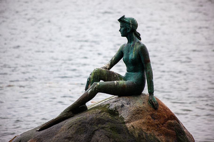 mermaid, statue, ariel, vancouver, woman, sea, ocean, metal, siren, water