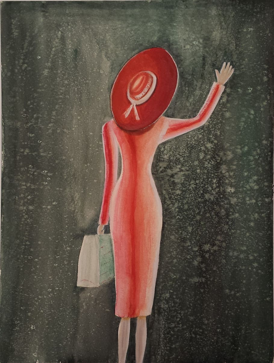 mujer, vistiendo, rojo, sombrero, vestido de pintura, despedida, mujer con maleta, ella saluda, ilustración, representación