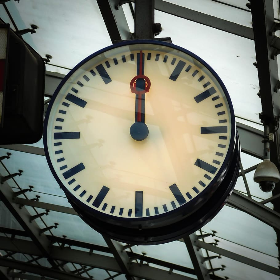 analog wall clock reading, 12:00, clock, railway station, station clock, time, platform, travel, time indicating, seconds