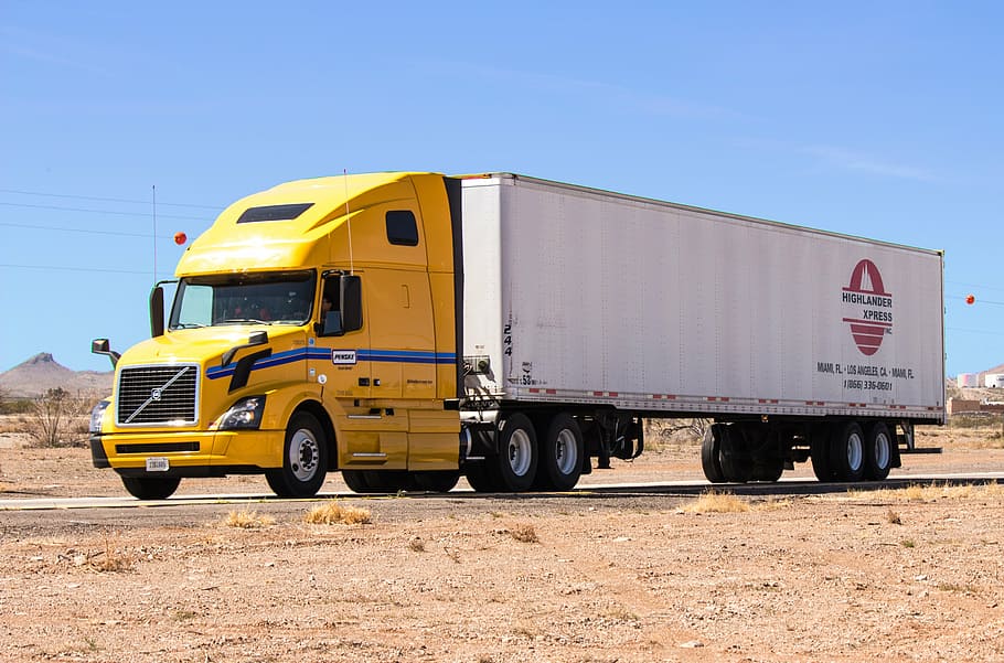 white, yellow, tractor unit, road, truck, semi truck, desert, new mexico, weigh station, transportation